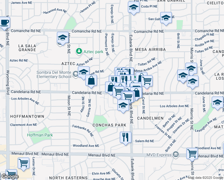 map of restaurants, bars, coffee shops, grocery stores, and more near 3001 Conchas Street Northeast in Albuquerque
