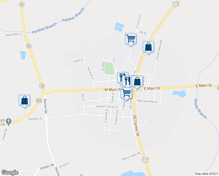 map of restaurants, bars, coffee shops, grocery stores, and more near 408 West Main Street in Faison
