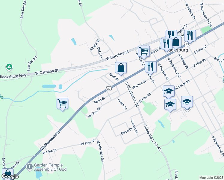 map of restaurants, bars, coffee shops, grocery stores, and more near 607 West Cherokee Street in Blacksburg