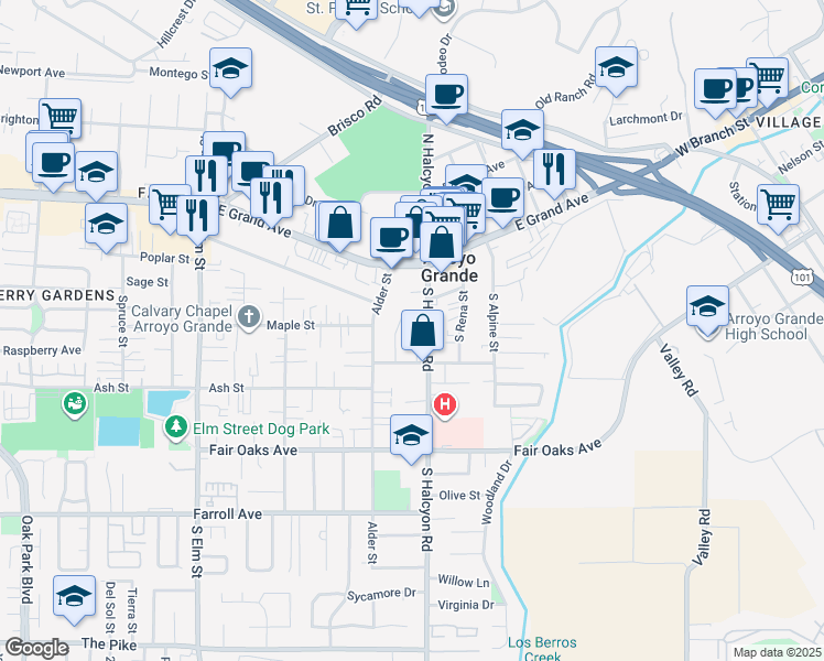 map of restaurants, bars, coffee shops, grocery stores, and more near 201 Wood Place in Arroyo Grande