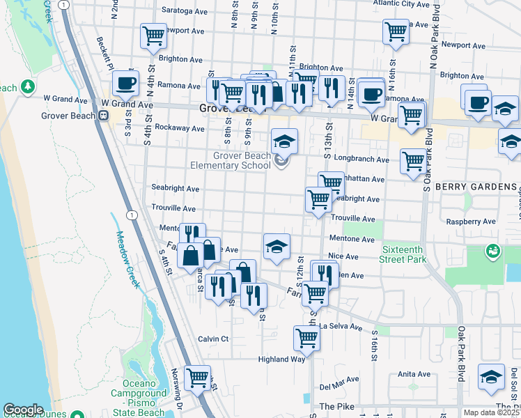 map of restaurants, bars, coffee shops, grocery stores, and more near 590 South 10th Street in Grover Beach