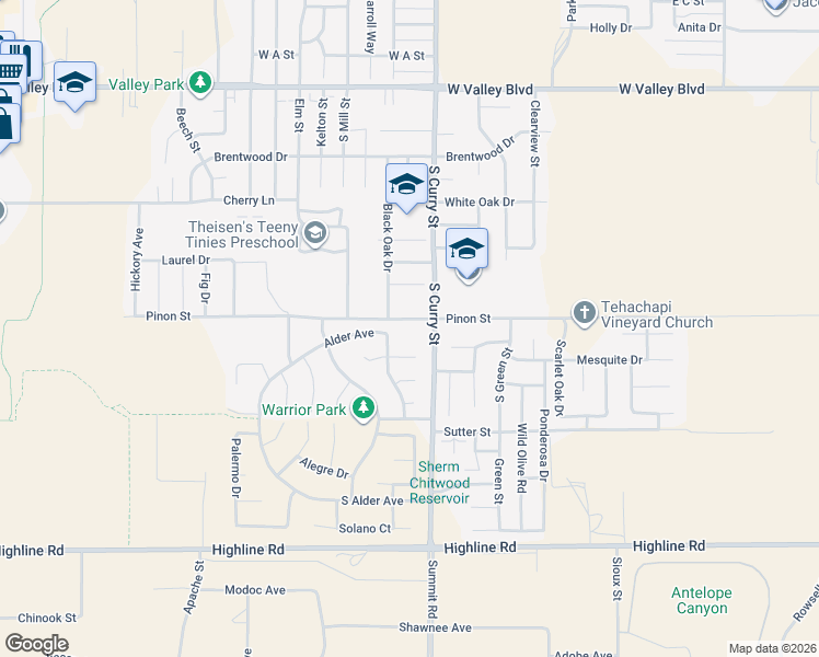 map of restaurants, bars, coffee shops, grocery stores, and more near 1201 South Curry Street in Tehachapi