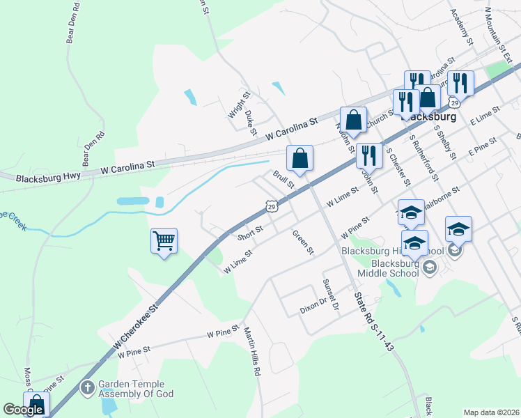 map of restaurants, bars, coffee shops, grocery stores, and more near 712 West Cherokee Street in Blacksburg