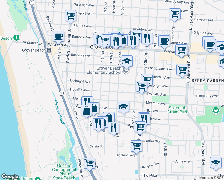 map of restaurants, bars, coffee shops, grocery stores, and more near 929 Trouville Avenue in Grover Beach