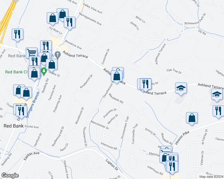 map of restaurants, bars, coffee shops, grocery stores, and more near 3810 Thrushwood Drive in Chattanooga