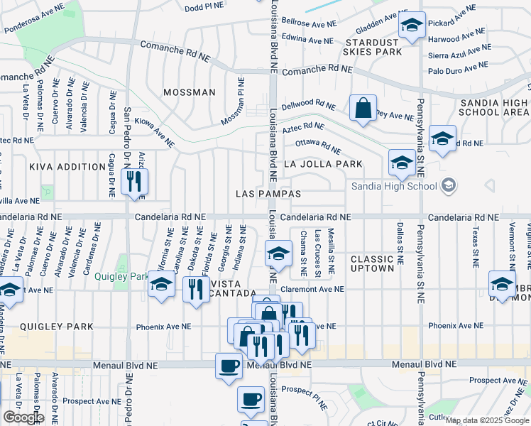 map of restaurants, bars, coffee shops, grocery stores, and more near 3001 Louisiana Boulevard Northeast in Albuquerque