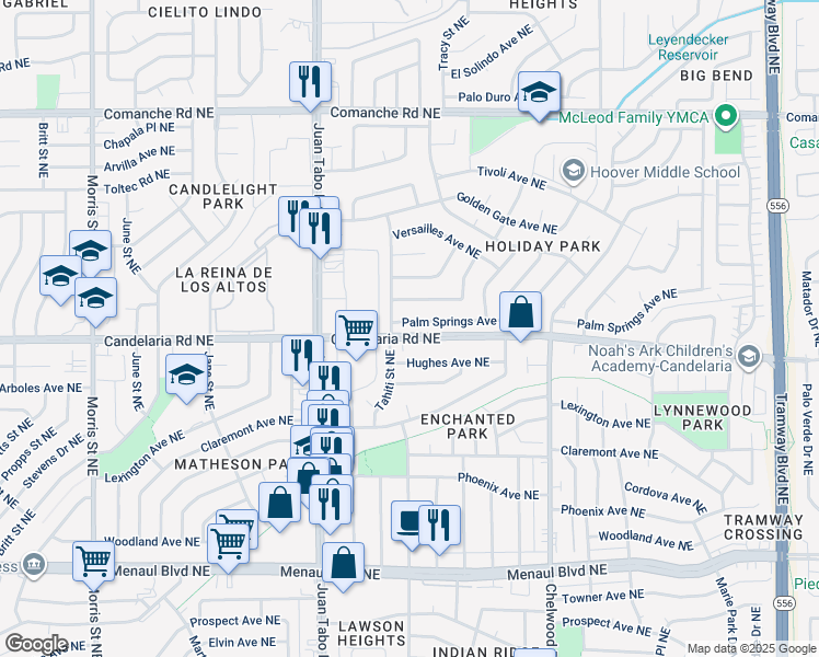 map of restaurants, bars, coffee shops, grocery stores, and more near 11508 Palm Springs Avenue Northeast in Albuquerque