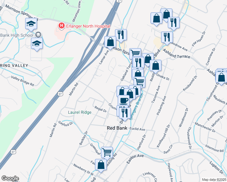 map of restaurants, bars, coffee shops, grocery stores, and more near 3701 Oakland Terrace in Chattanooga
