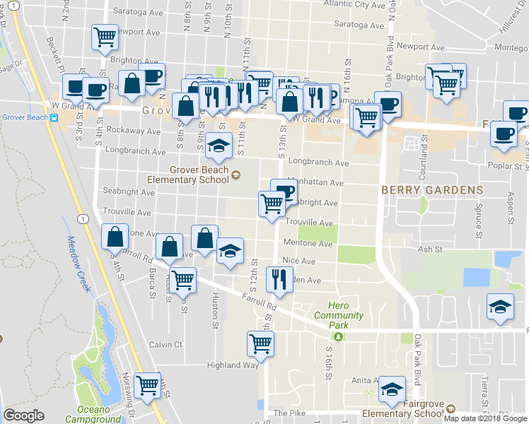 map of restaurants, bars, coffee shops, grocery stores, and more near 555 South 12th Street in Grover Beach