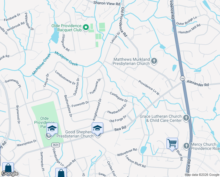 map of restaurants, bars, coffee shops, grocery stores, and more near 6708 Rugby Lane in Charlotte