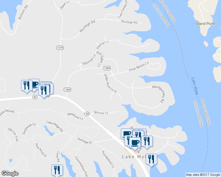 map of restaurants, bars, coffee shops, grocery stores, and more near 259 Ridge Reserve Drive in Lake Wylie