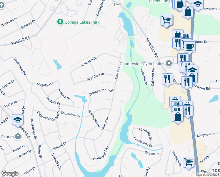 map of restaurants, bars, coffee shops, grocery stores, and more near 604 Bromsworth Trail in Fayetteville