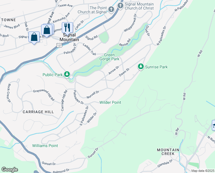 map of restaurants, bars, coffee shops, grocery stores, and more near 139 Robin Hood Trail in Signal Mountain