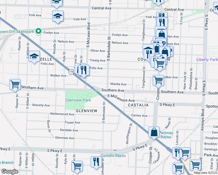 map of restaurants, bars, coffee shops, grocery stores, and more near 1920 Southern Avenue in Memphis