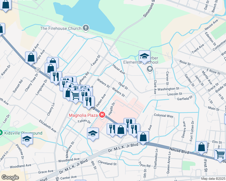 map of restaurants, bars, coffee shops, grocery stores, and more near 2023 Waters Street in New Bern