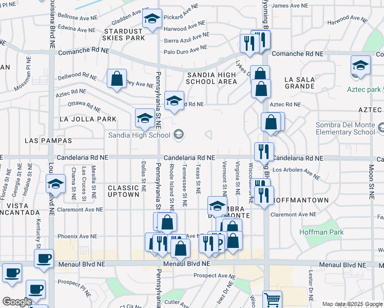 map of restaurants, bars, coffee shops, grocery stores, and more near 2929 Texas Street Northeast in Albuquerque