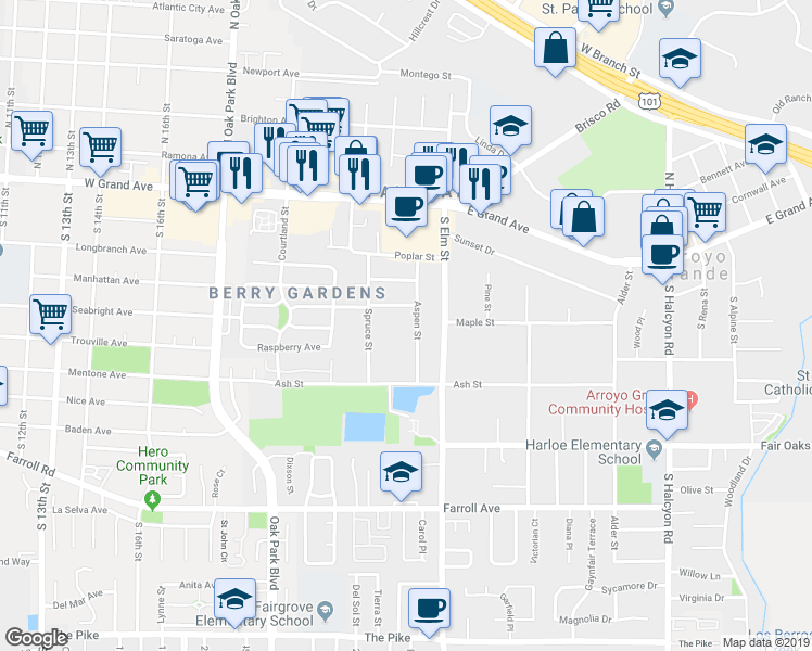 map of restaurants, bars, coffee shops, grocery stores, and more near 201 Aspen Street in Arroyo Grande