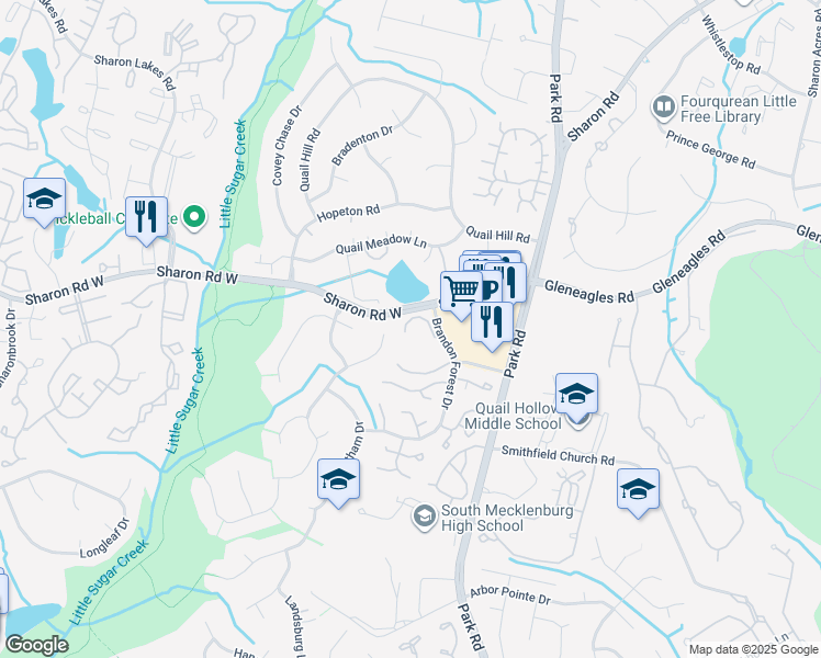 map of restaurants, bars, coffee shops, grocery stores, and more near 2518 Stradbrook Drive in Charlotte