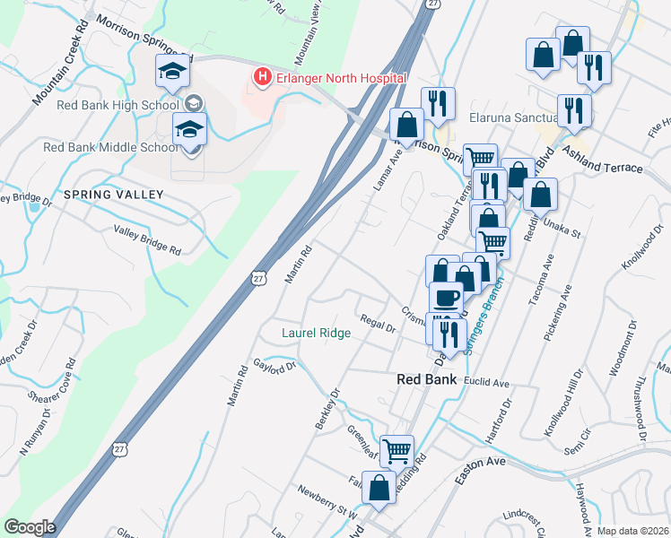 map of restaurants, bars, coffee shops, grocery stores, and more near 3527 Lamar Avenue in Chattanooga