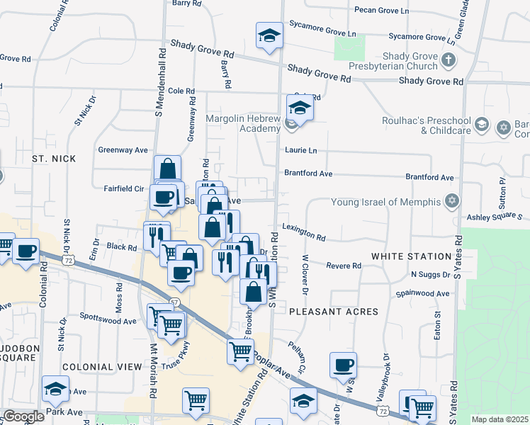 map of restaurants, bars, coffee shops, grocery stores, and more near 5194 Lexington Road in Memphis