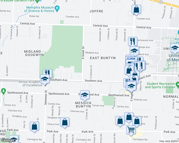 map of restaurants, bars, coffee shops, grocery stores, and more near 561 South Holmes Street in Memphis