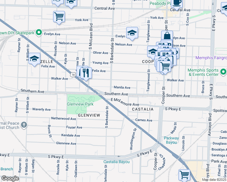 map of restaurants, bars, coffee shops, grocery stores, and more near 1920 Southern Avenue in Memphis