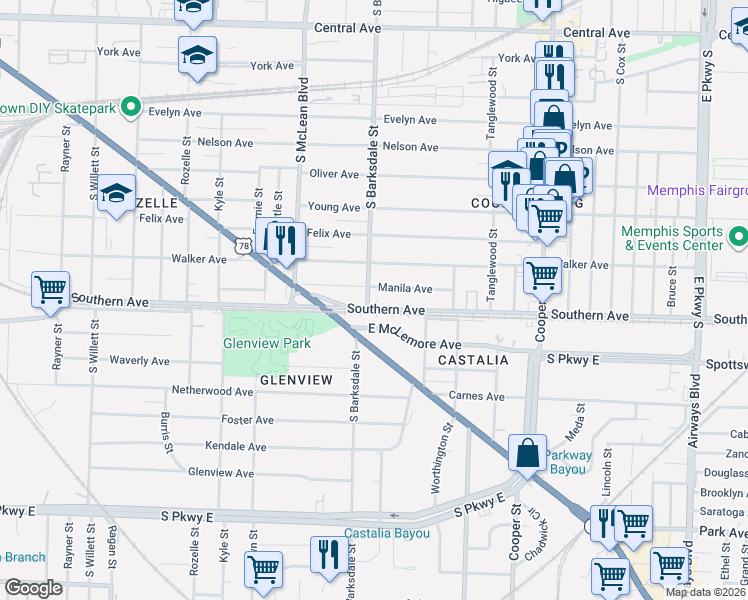 map of restaurants, bars, coffee shops, grocery stores, and more near 1920 Southern Avenue in Memphis