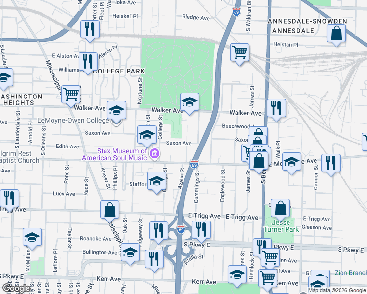 map of restaurants, bars, coffee shops, grocery stores, and more near 1109 Azalia Street in Memphis