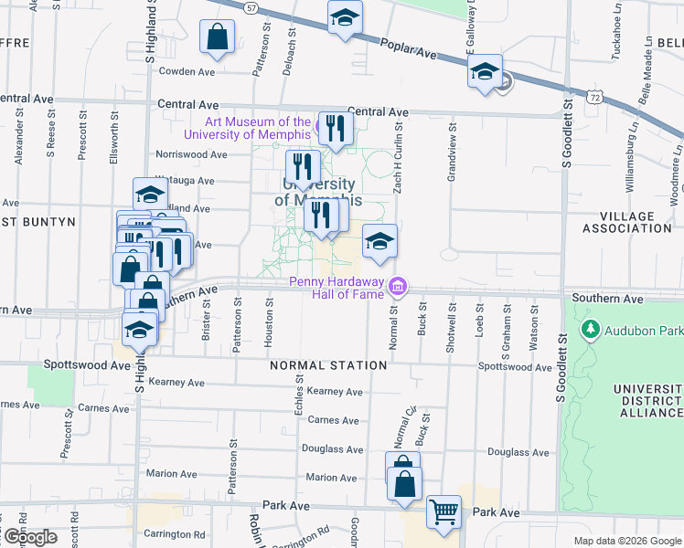 map of restaurants, bars, coffee shops, grocery stores, and more near 3774 Walker Avenue in Memphis