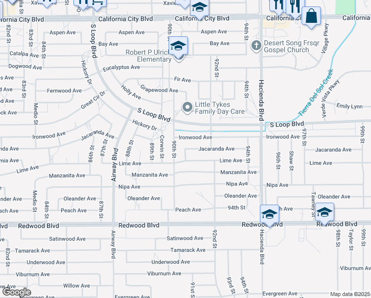 map of restaurants, bars, coffee shops, grocery stores, and more near 91st Street in California City