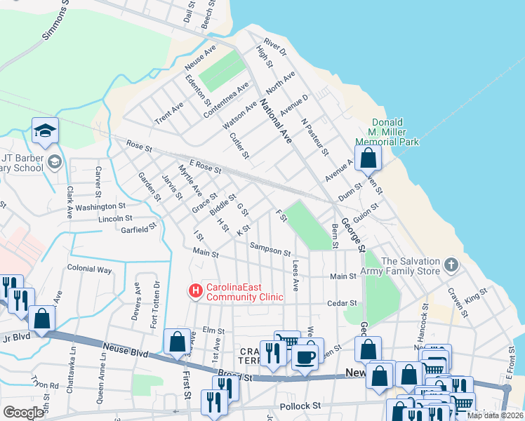 map of restaurants, bars, coffee shops, grocery stores, and more near 902 K Street in New Bern