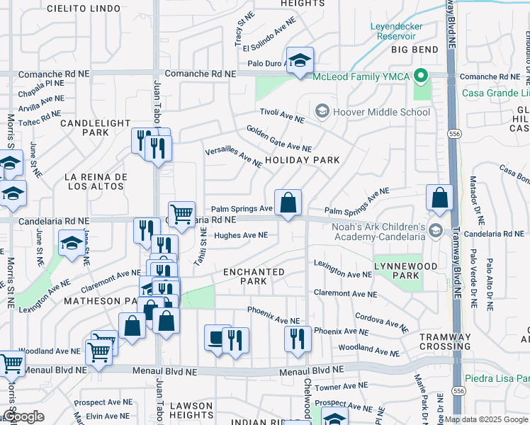 map of restaurants, bars, coffee shops, grocery stores, and more near 11716 Palm Springs Avenue Northeast in Albuquerque