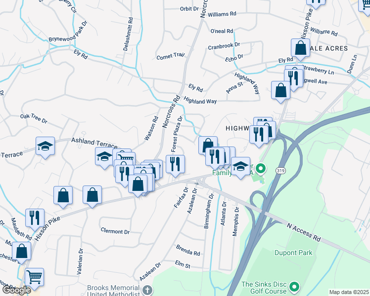 map of restaurants, bars, coffee shops, grocery stores, and more near 1160 Forest Plaza Circle in Chattanooga