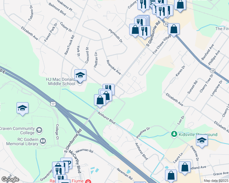 map of restaurants, bars, coffee shops, grocery stores, and more near 1433 South Glenburnie Road in New Bern