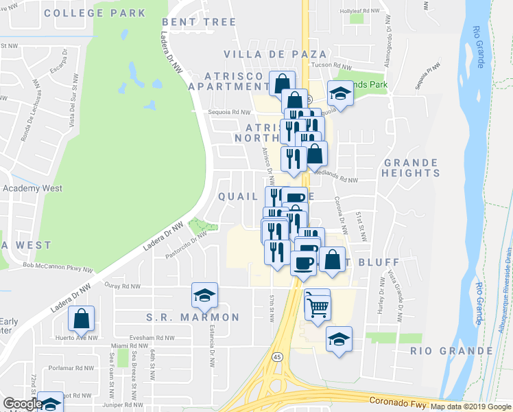 map of restaurants, bars, coffee shops, grocery stores, and more near 2914 Bright Star Drive Northwest in Albuquerque