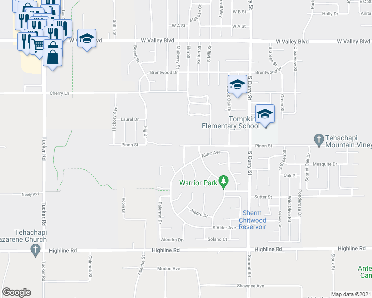 map of restaurants, bars, coffee shops, grocery stores, and more near 1206 Contrada Lane in Tehachapi
