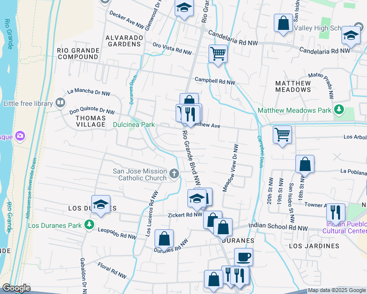 map of restaurants, bars, coffee shops, grocery stores, and more near 2200 Via Granada Place Northwest in Albuquerque