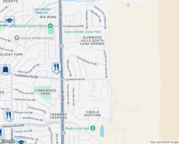 map of restaurants, bars, coffee shops, grocery stores, and more near 3028 El Marta Court Northeast in Albuquerque