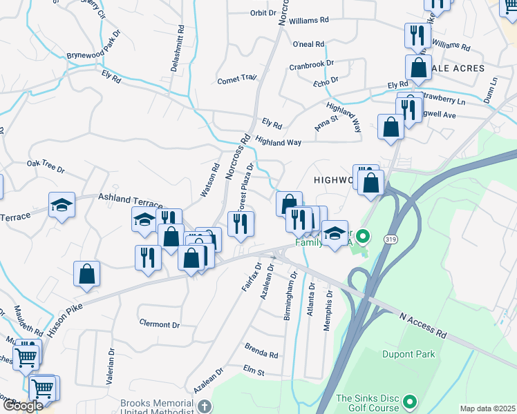 map of restaurants, bars, coffee shops, grocery stores, and more near 1160 Forest Plaza Circle in Chattanooga