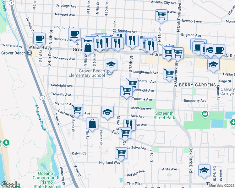 map of restaurants, bars, coffee shops, grocery stores, and more near 560 South 12th Street in Grover Beach