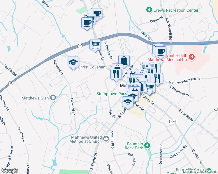 map of restaurants, bars, coffee shops, grocery stores, and more near 524 Main Street in Matthews