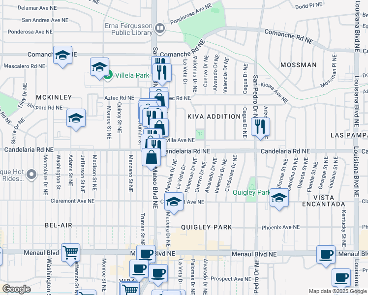 map of restaurants, bars, coffee shops, grocery stores, and more near 5413 Candelaria Road Northeast in Albuquerque