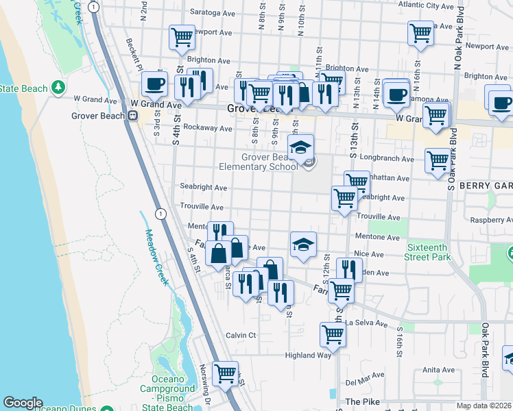 map of restaurants, bars, coffee shops, grocery stores, and more near 867 Trouville Avenue in Grover Beach