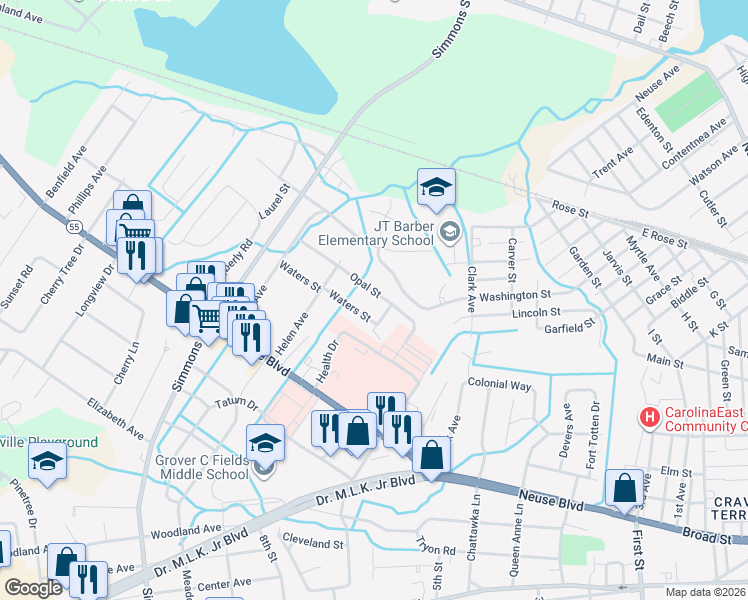 map of restaurants, bars, coffee shops, grocery stores, and more near 2006 Waters Street in New Bern
