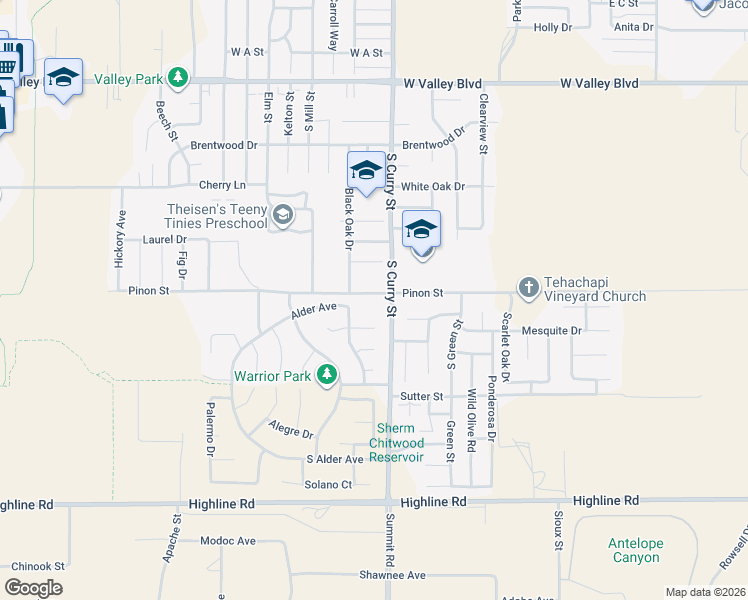 map of restaurants, bars, coffee shops, grocery stores, and more near 1201 South Curry Street in Tehachapi