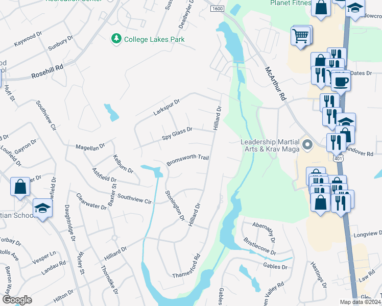 map of restaurants, bars, coffee shops, grocery stores, and more near 616 Bromsworth Trail in Fayetteville