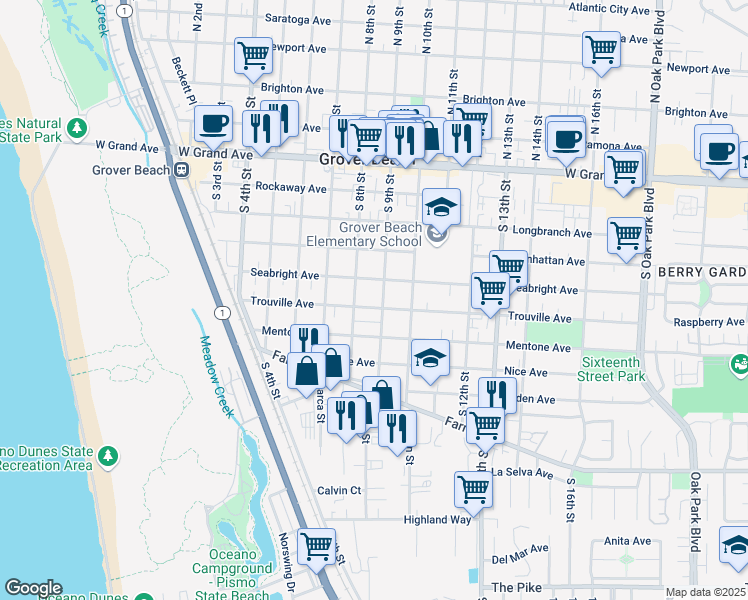 map of restaurants, bars, coffee shops, grocery stores, and more near 867 Trouville Avenue in Grover Beach
