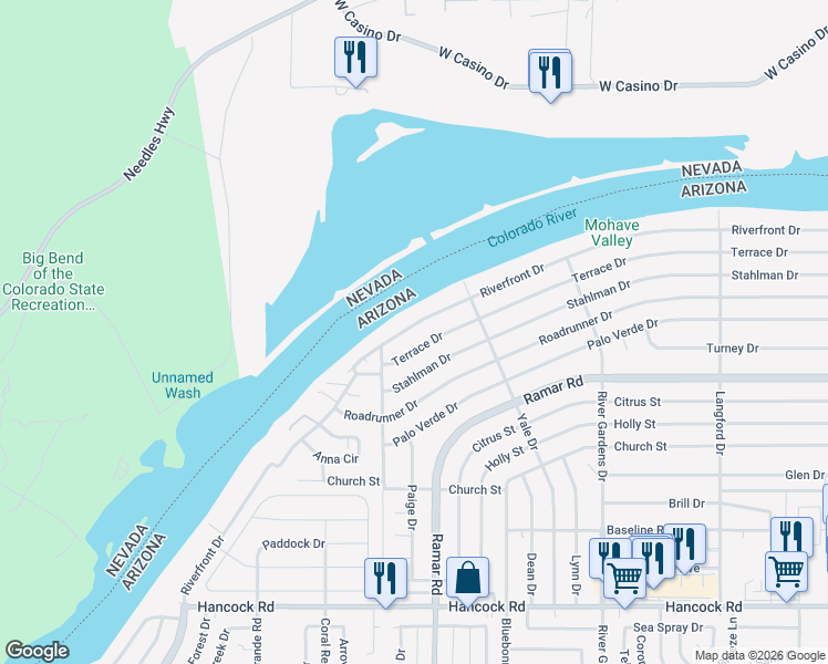 map of restaurants, bars, coffee shops, grocery stores, and more near 514 Riverfront Drive in Bullhead City