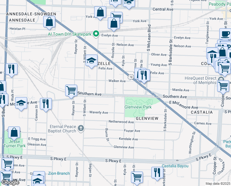 map of restaurants, bars, coffee shops, grocery stores, and more near 1070 Rozelle Street in Memphis