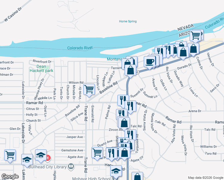map of restaurants, bars, coffee shops, grocery stores, and more near 1467 Palma Road in Bullhead City